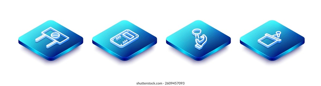 Set Isometric line Protest, Police assault shield, Hooligan shooting stones and Stage stand or tribune icon. Vector