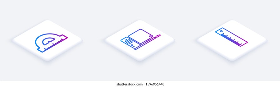 Set Isometric line Protractor grid for measuring degrees, Computer monitor with keyboard and mouse and Ruler. White square button. Vector