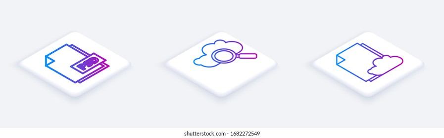 Set Isometric line PSD file document, Search cloud computing and Cloud storage text document. White square button. Vector