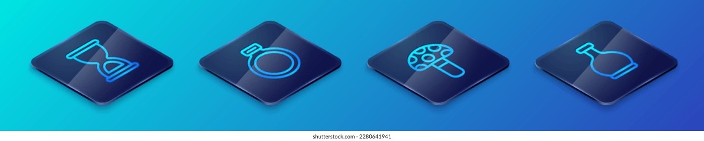 Set Isometric line Psilocybin mushroom, Old hourglass, Bottle with potion and Magic stone ring icon. Vector
