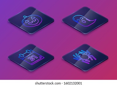 Set Isometric line Pumpkin , Calendar with Halloween date 31 october, Ghost  and Spider . Blue square button. Vector