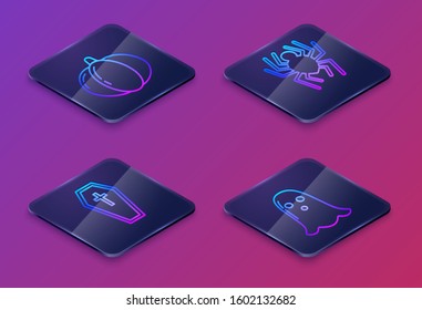 Set Isometric line Pumpkin , Coffin with christian cross , Spider  and Ghost . Blue square button. Vector