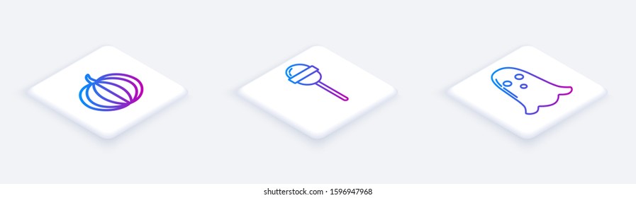 Set Isometric line Pumpkin , Lollipop  and Ghost . White square button. Vector