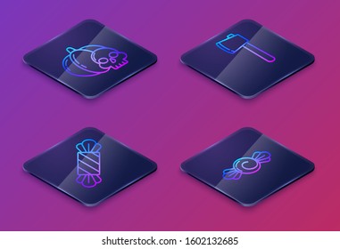 Set Isometric line Pumpkin and skull , Candy , Wooden axe  and Candy . Blue square button. Vector