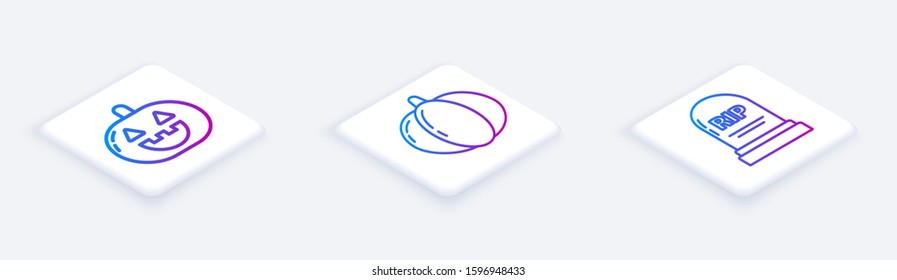 Set Isometric line Pumpkin , Pumpkin  and Tombstone with RIP. White square button. Vector