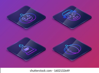 Set Isometric line Pumpkin , Tombstone with RIP, Zombie mask  and Pumpkin . Blue square button. Vector