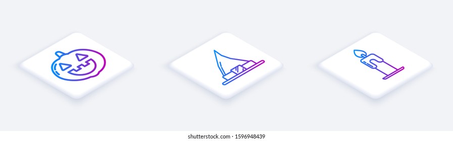 Set Isometric line Pumpkin , Witch hat  and Burning candle . White square button. Vector