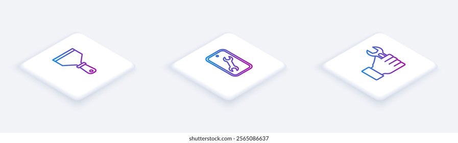 Set Isometric line Putty knife, Mobile service and Wrench spanner. White square button. Vector