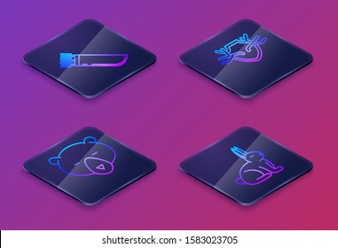 Set Isometric line Quiver with arrows, Bear head, Deer antlers on shield and Rabbit. Blue square button. Vector