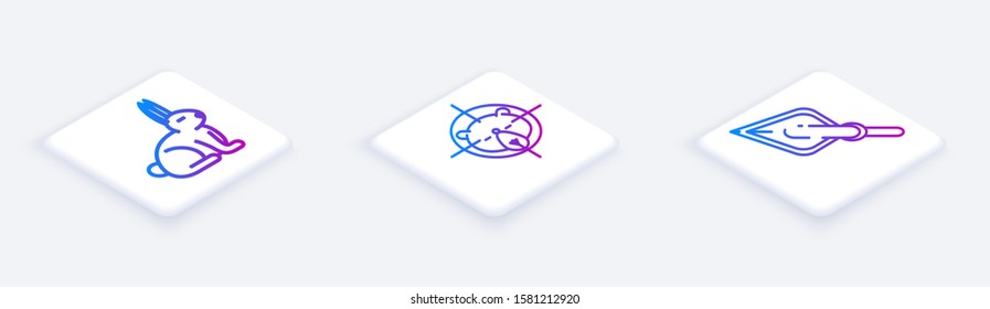 Set Isometric line Rabbit, Hunt on bear with crosshairs and Hipster arrow tip. White square button. Vector
