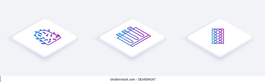 Set Isometric line Rabies virus, Blood test and and Pills in blister pack. White square button. Vector