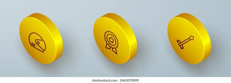 Set Isometric line Racing helmet, Medal with star and Medieval arrows icon. Vector
