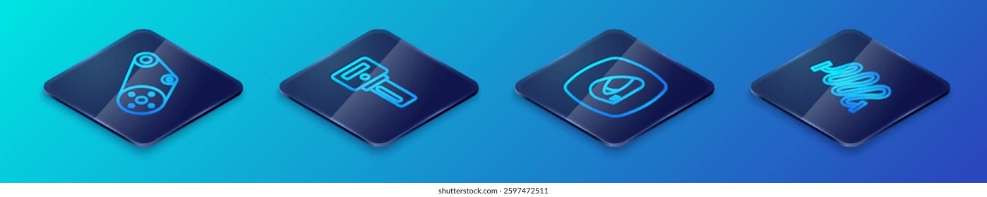 Set Isometric line Racing helmet, Timing belt kit, track and Car key with remote icon. Vector