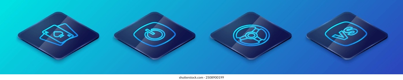 Set Isometric line Racing simulator, Playing cards, VS Versus battle and Power button icon. Vector