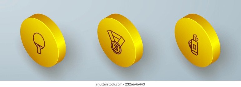 Ponga la raqueta de línea isométrica, la medalla y la bolsa de golf con el icono de los clubes. Vector