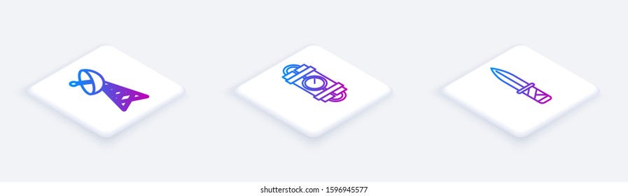 Set Isometric line Radar , Detonate dynamite bomb stick and timer clock and Military knife . White square button. Vector