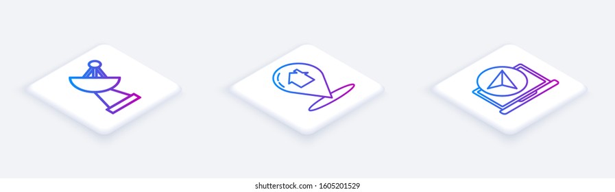 Set Isometric line Radar, Map pointer with house and Infographic of city map navigation. White square button. Vector