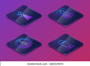 Set Isometric line Radar , Peace , Chevron  and Aviation bomb . Blue square button. Vector