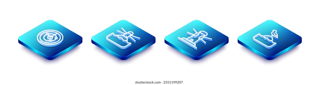 Set Isometric line Radar with targets, Lighthouse,  and Seagull sits on buoy icon. Vector
