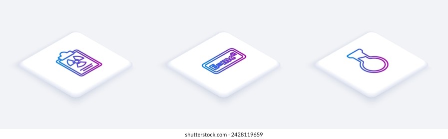 Set Isometric line Radiation warning document, Equation solution and Test tube and flask. White square button. Vector