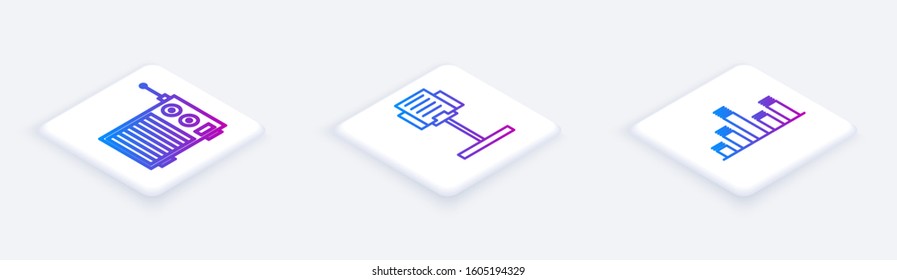 Set Isometric line Radio with antenna, Music stand and Music equalizer. White square button. Vector
