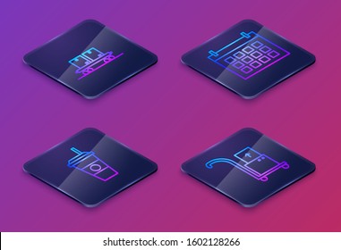 Set Isometric line Railway carriage , Coffee cup , Calendar  and Hand truck and boxes . Blue square button. Vector