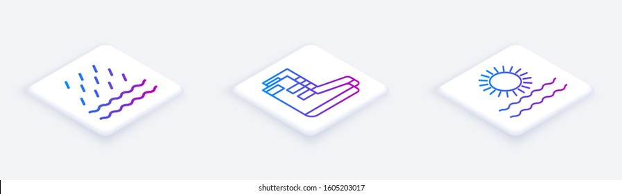 Set Isometric line Rain and waves, Boots and Sun and waves. White square button. Vector