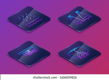 Set Isometric line Rain and waves, Diving belt, Rubber flippers for swimming and Diving mask. Blue square button. Vector