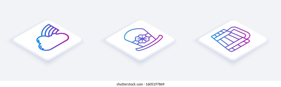 Set Isometric line Rainbow with cloud, Leprechaun hat and four leaf clover and Wooden beer mug. White square button. Vector