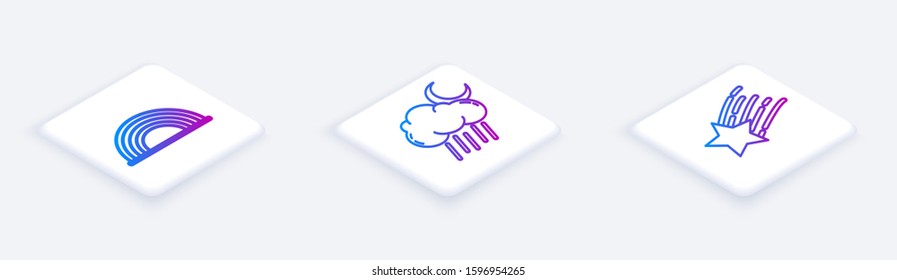 Set Isometric line Rainbow with clouds, Cloud with rain and moon and Falling star. White square button. Vector