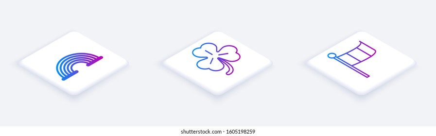 Set Isometric line Rainbow, Four leaf clover and National Ireland flag. White square button. Vector