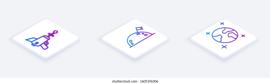 Set Isometric line Ray gun, Planet with flag and Earth globe. White square button. Vector