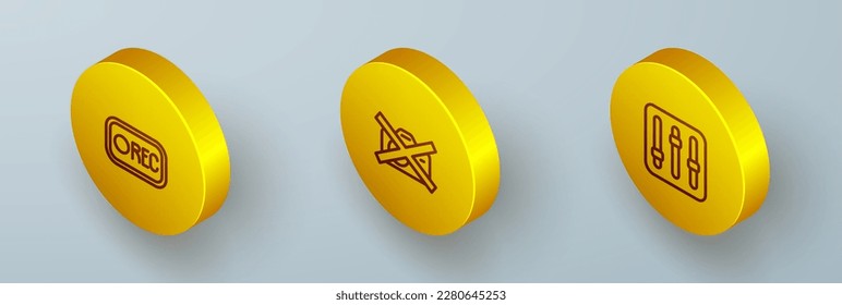 Set Isometric line Record button, Prohibition no video recording and Sound mixer controller icon. Vector