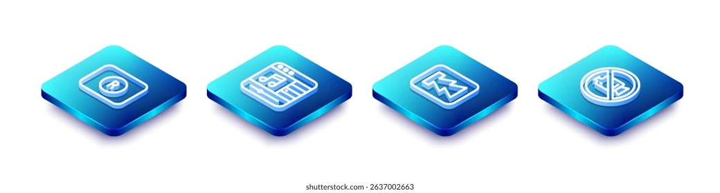 Set Isometric line Record button, Music player, Rewind and Prohibition no video recording icon. Vector