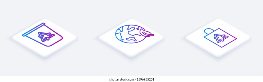 Set Isometric line Recycle bin with recycle symbol, Earth globe and leaf and Plastic bag with recycle. White square button. Vector