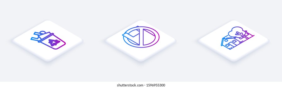 Set Isometric line Recycle bin with recycle symbol, Say no to plastic bags poster and Eco friendly house. White square button. Vector