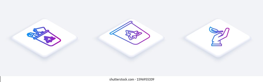 Set Isometric line Recycle bin with recycle symbol, Recycle bin with recycle symbol and Sprout in hand of environmental protection. White square button. Vector