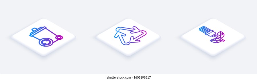 Set Isometric line Recycle bin with recycle symbol, Recycle symbol and Light bulb with leaf. White square button. Vector