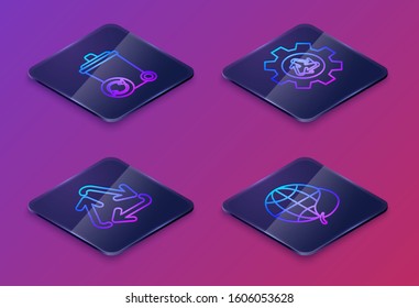 Set Isometric line Recycle bin with recycle symbol, Recycle symbol, Recycle symbol and gear and Earth globe and leaf. Blue square button. Vector