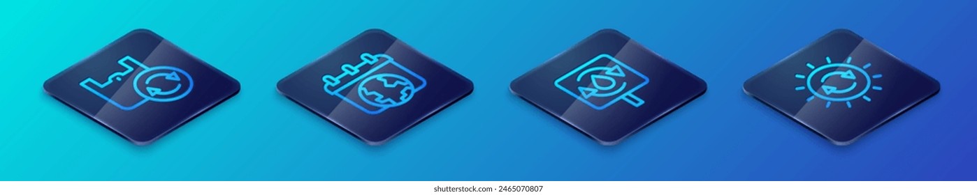 Set Línea isométrica Reciclar agua limpia, Bolsa de compras con reciclaje, panel de energía solar e icono del Día Mundial de la Tierra. Vector