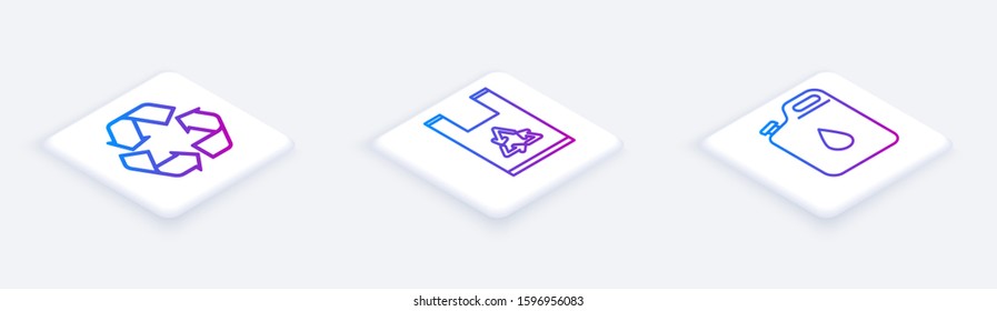 Set Isometric line Recycle symbol, Plastic bag with recycle and Canister for gasoline. White square button. Vector