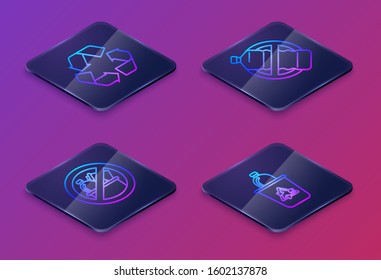 Set Isometric line Recycle symbol, No trash, No plastic bottle and Recycle bin with recycle symbol. Blue square button. Vector