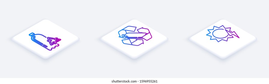 Set Isometric line Recycling plastic bottle, Recycling plastic bottle and Solar energy panel. White square button. Vector