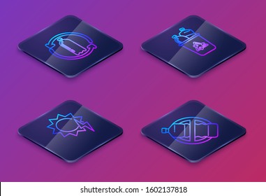 Set Isometric line Recycling plastic bottle, Solar energy panel, Recycle bin with recycle symbol and No plastic bottle. Blue square button. Vector