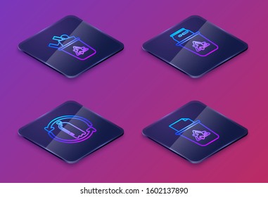 Set Isometric line Recycling plastic bottle, Recycle bin with recycle symbol and can and Recycle bin with recycle symbol. Blue square button. Vector