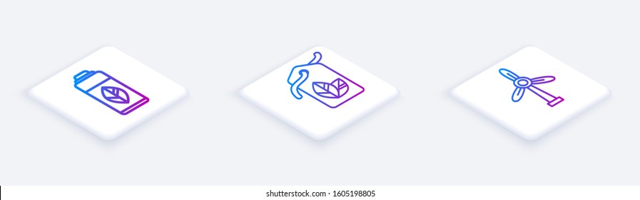 Set Isometric line Recycling plastic bottle, Tag with leaf symbol and Wind turbine. White square button. Vector