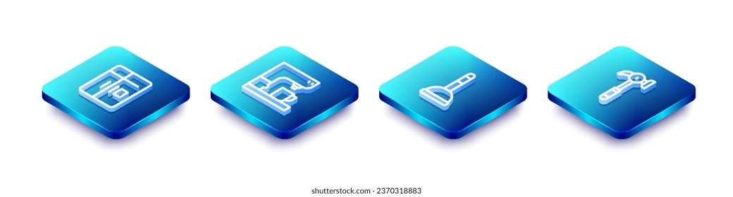 Set Isometric line Refrigerator, Coffee machine, Rubber plunger and Hammer icon. Vector