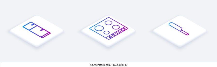 Set Isometric line Refrigerator, Gas stove and Knife. White square button. Vector