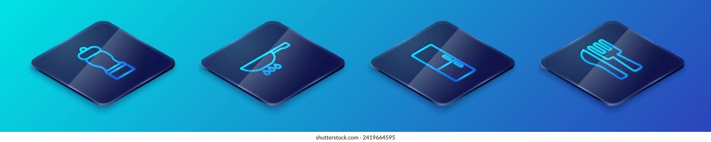 Set Isometric line Refrigerator, Pepper, Crossed knife and fork and Frying pan on fire icon. Vector
