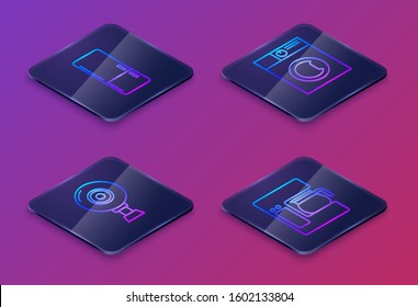 Set Isometric line Refrigerator , Web camera , Washer  and Coffee machine with glass pot . Blue square button. Vector